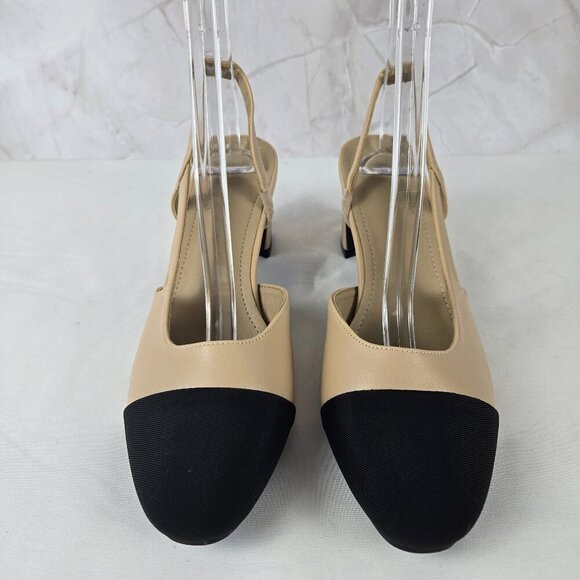 Unbranded Sz 39(US 8.5) Cream Slingback Heels Black Toe Cap Almond Toe - Picture 3 of 10